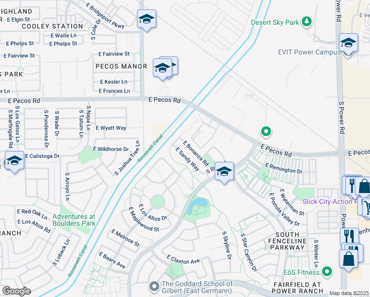 map of restaurants, bars, coffee shops, grocery stores, and more near 4158 East Sandy Way in Gilbert
