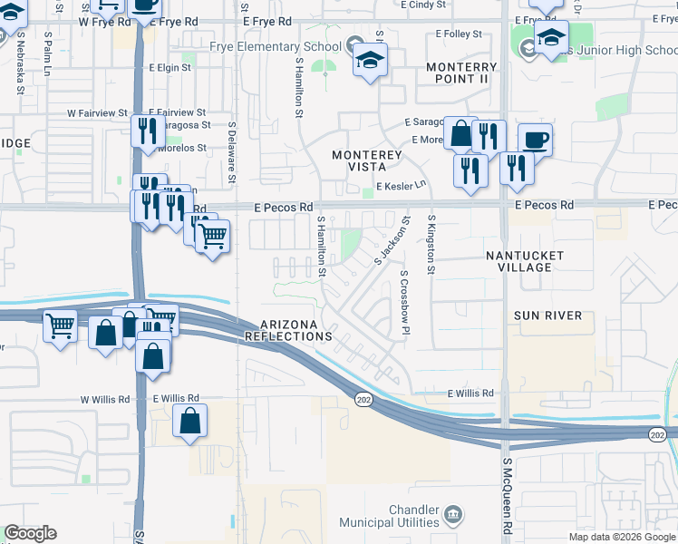 map of restaurants, bars, coffee shops, grocery stores, and more near 1142 South Bogle Court in Chandler