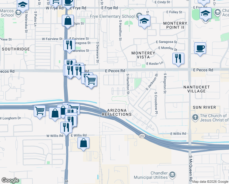 map of restaurants, bars, coffee shops, grocery stores, and more near 1167 South Fargo Court in Chandler