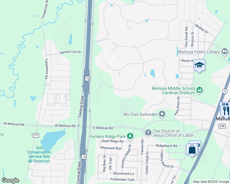 map of restaurants, bars, coffee shops, grocery stores, and more near 53 Country Ridge Road in Melissa