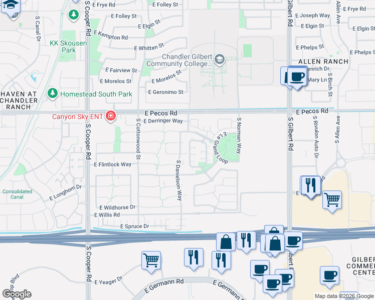 map of restaurants, bars, coffee shops, grocery stores, and more near 1171 South Emmett Drive in Chandler