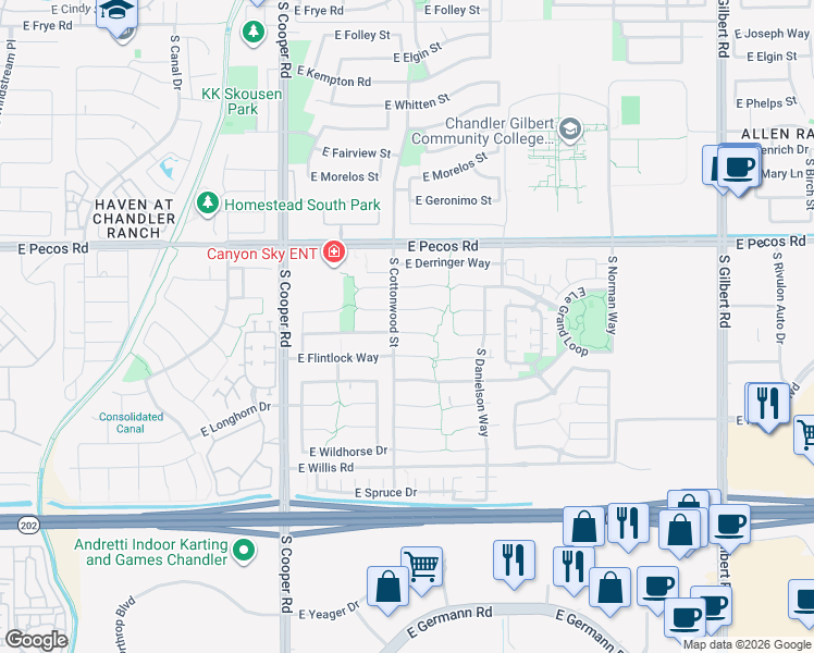 map of restaurants, bars, coffee shops, grocery stores, and more near 2255 East Browning Place in Chandler