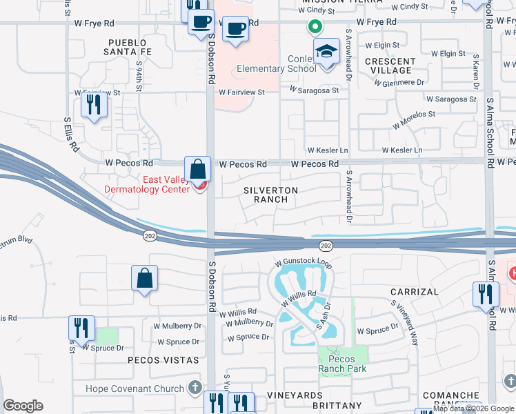 map of restaurants, bars, coffee shops, grocery stores, and more near 1810 West Browning Way in Chandler
