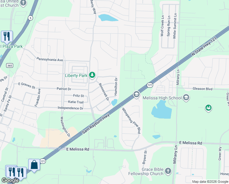 map of restaurants, bars, coffee shops, grocery stores, and more near 2911 Madison Drive in Melissa