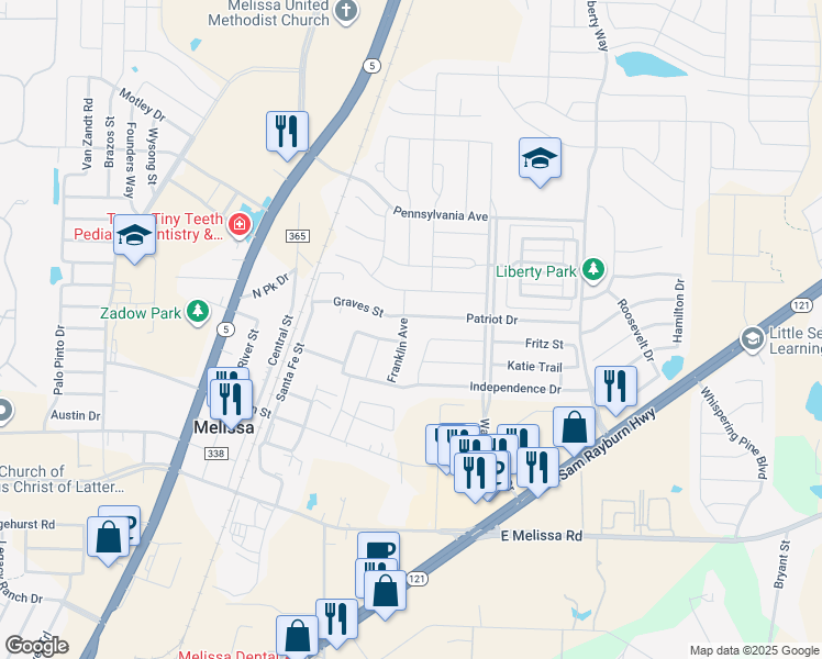 map of restaurants, bars, coffee shops, grocery stores, and more near 2200 Patriot Drive in Melissa