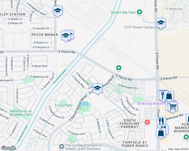 map of restaurants, bars, coffee shops, grocery stores, and more near 3398 South Luiseno Boulevard in Gilbert