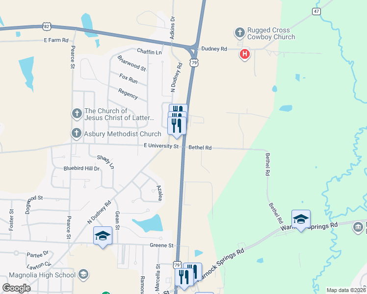 map of restaurants, bars, coffee shops, grocery stores, and more near 1828-1898 E University St in Magnolia