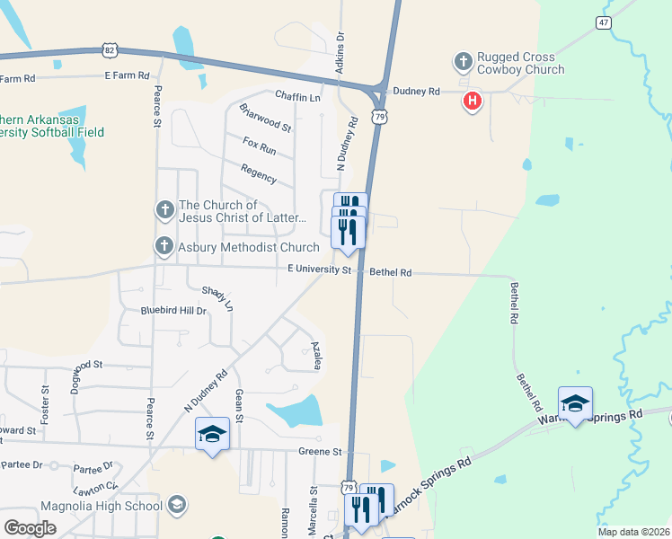 map of restaurants, bars, coffee shops, grocery stores, and more near 1828 East University Street in Magnolia