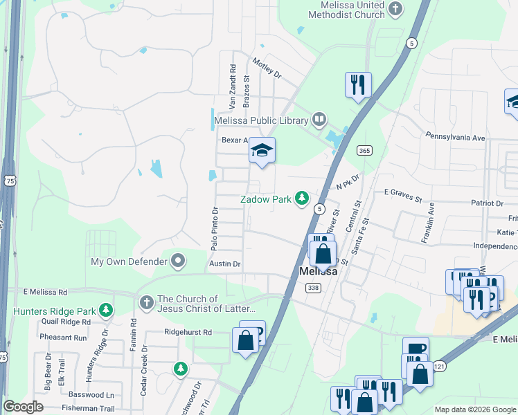 map of restaurants, bars, coffee shops, grocery stores, and more near 3100 Cardinal Drive in Melissa