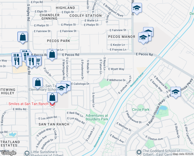 map of restaurants, bars, coffee shops, grocery stores, and more near 3390 South Tatum Court in Gilbert