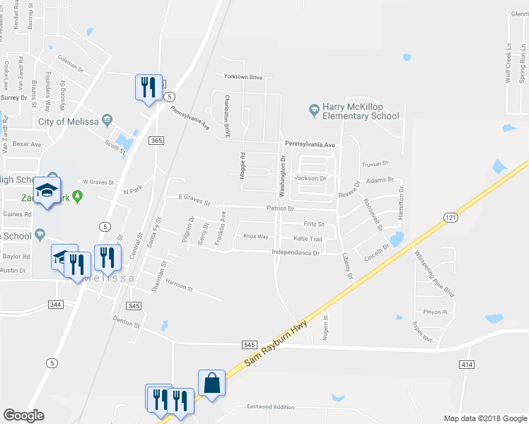 map of restaurants, bars, coffee shops, grocery stores, and more near 2316 Patriot Drive in Melissa