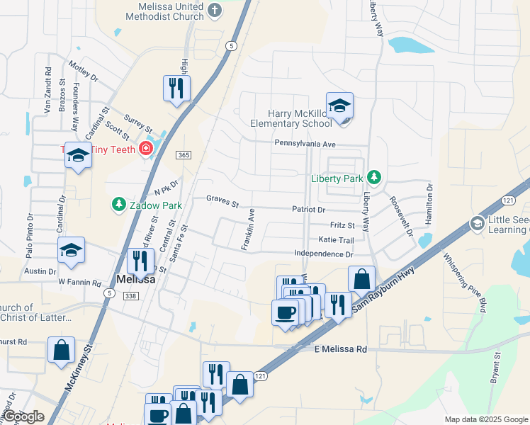 map of restaurants, bars, coffee shops, grocery stores, and more near 2206 Patriot Drive in Melissa