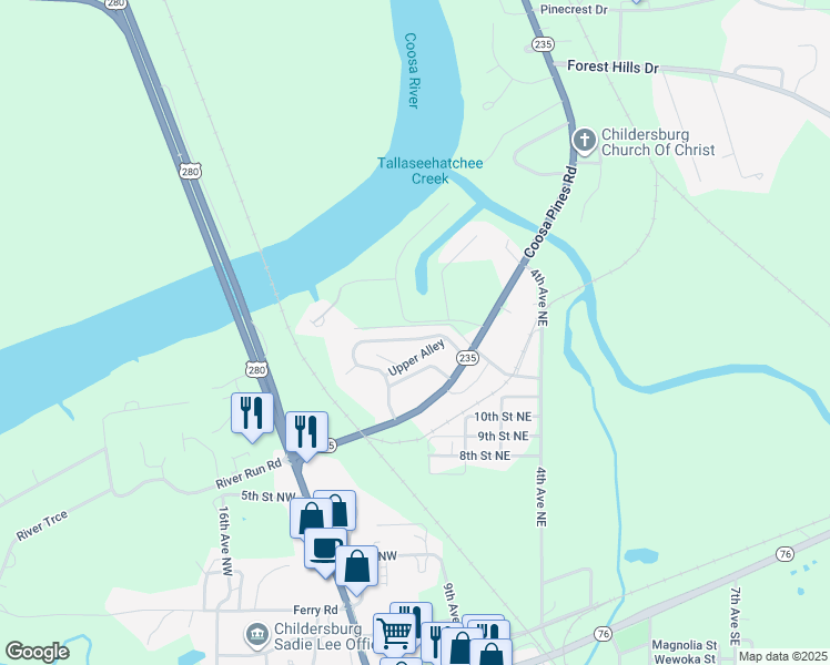 map of restaurants, bars, coffee shops, grocery stores, and more near 67 Lakeside Drive in Childersburg