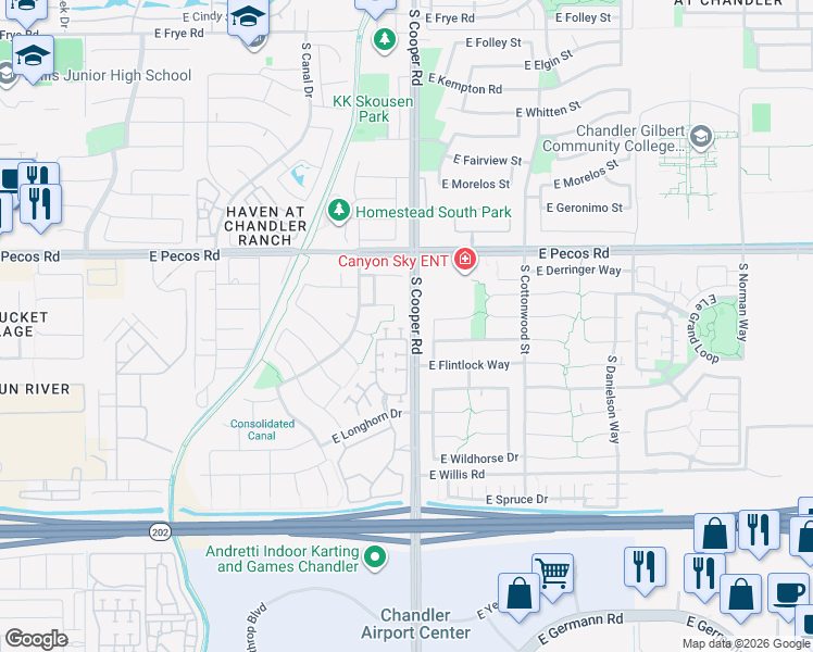 map of restaurants, bars, coffee shops, grocery stores, and more near 1990 East Browning Place in Chandler