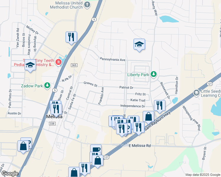 map of restaurants, bars, coffee shops, grocery stores, and more near 2302 Patriot Drive in Melissa