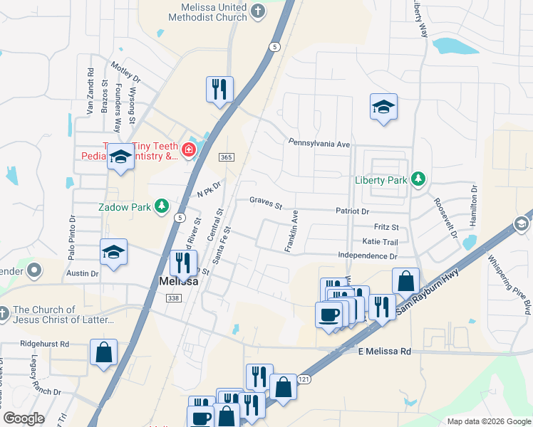 map of restaurants, bars, coffee shops, grocery stores, and more near 2102 East Graves Street in Melissa