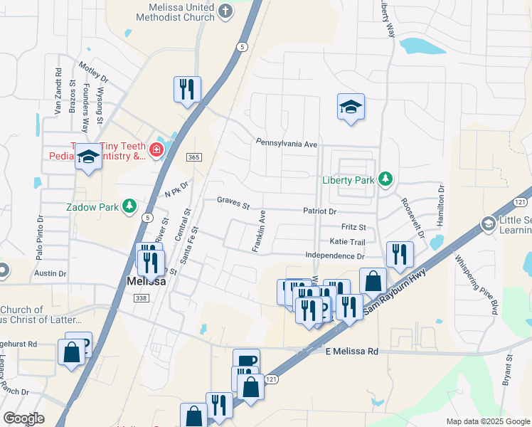 map of restaurants, bars, coffee shops, grocery stores, and more near 2200 Patriot Drive in Melissa