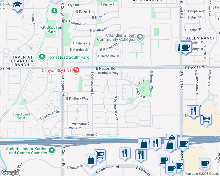 map of restaurants, bars, coffee shops, grocery stores, and more near 2385 East Browning Place in Chandler