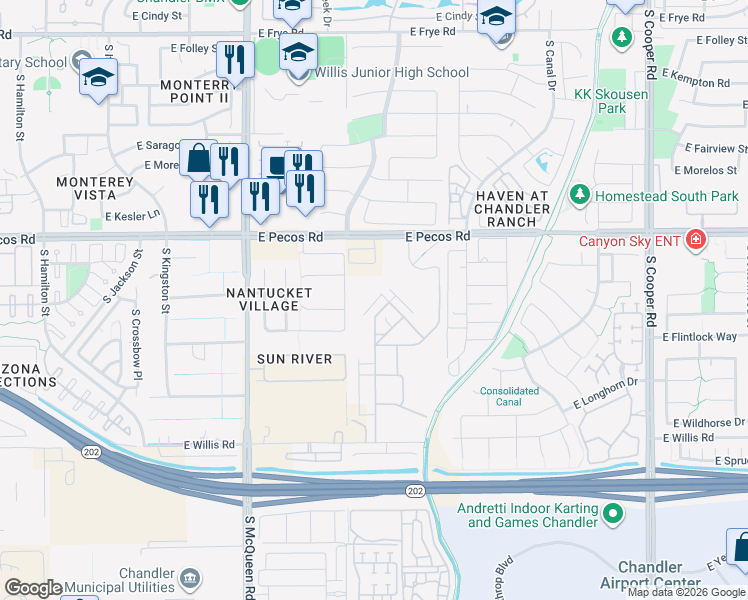 map of restaurants, bars, coffee shops, grocery stores, and more near 1475 East Pecos Road in Chandler