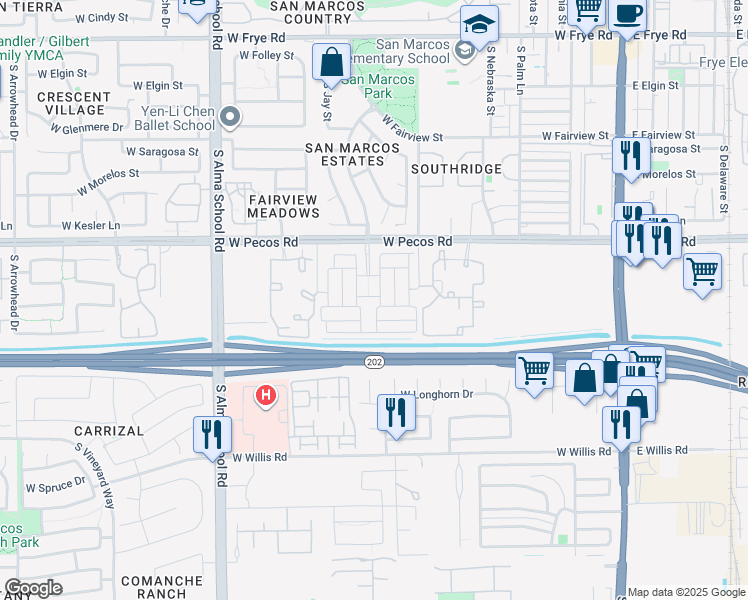 map of restaurants, bars, coffee shops, grocery stores, and more near 691 West Browning Place in Chandler