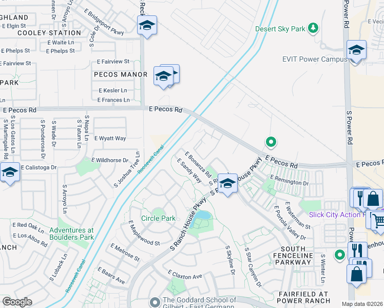 map of restaurants, bars, coffee shops, grocery stores, and more near 4255 East Pecos Road in Gilbert