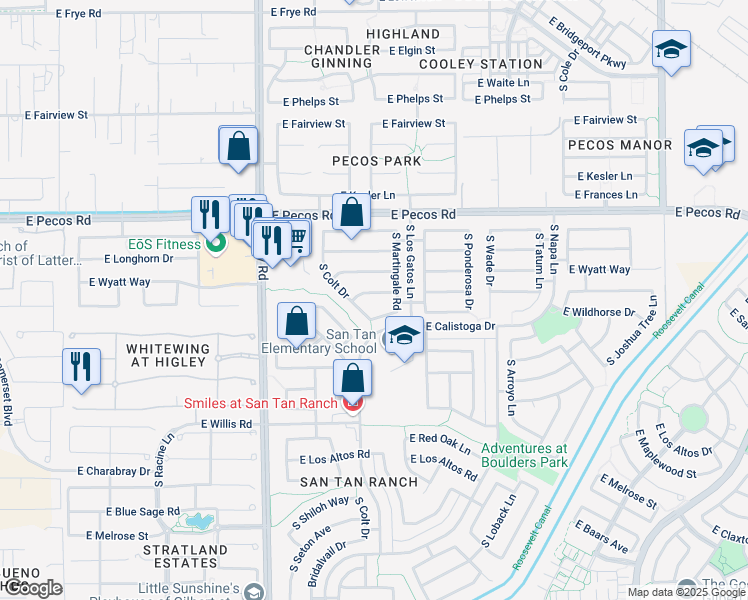 map of restaurants, bars, coffee shops, grocery stores, and more near 3461 East Remington Drive in Gilbert