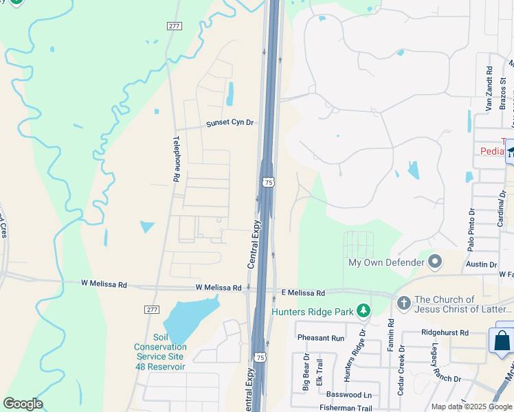 map of restaurants, bars, coffee shops, grocery stores, and more near 7169 Central Expressway in Melissa