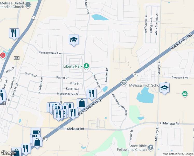 map of restaurants, bars, coffee shops, grocery stores, and more near 2819 Madison Dr in Melissa