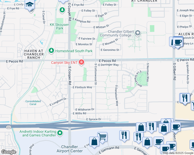 map of restaurants, bars, coffee shops, grocery stores, and more near 2255 East Browning Place in Chandler