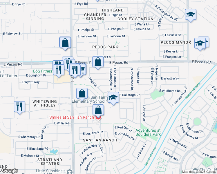 map of restaurants, bars, coffee shops, grocery stores, and more near 3461 East Remington Drive in Gilbert