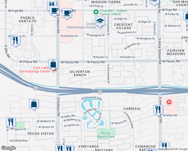 map of restaurants, bars, coffee shops, grocery stores, and more near 1640 West Winchester Way in Chandler