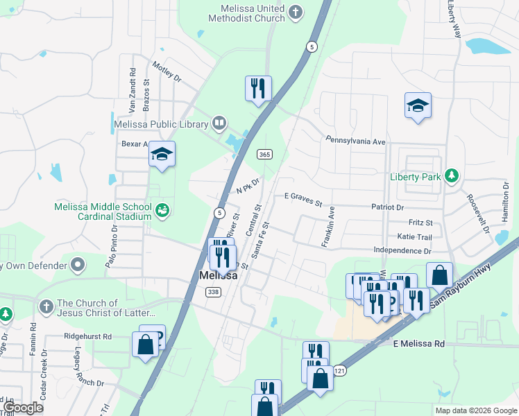 map of restaurants, bars, coffee shops, grocery stores, and more near 3207 Central Street in Melissa