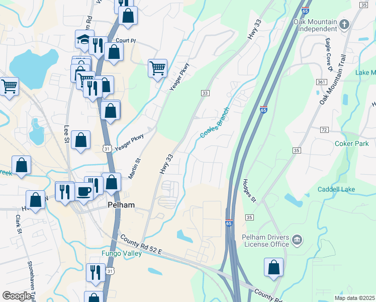 map of restaurants, bars, coffee shops, grocery stores, and more near 101 Hidden Creek Circle in Pelham