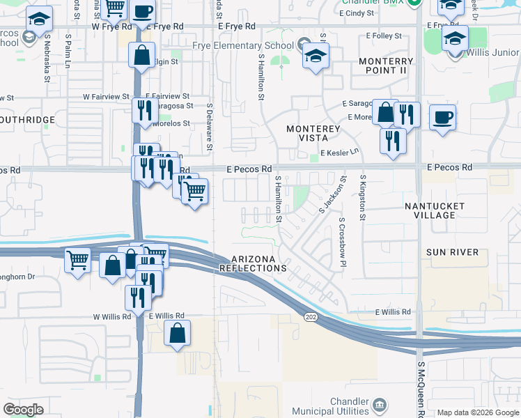 map of restaurants, bars, coffee shops, grocery stores, and more near 1135 South Fresno Court in Chandler
