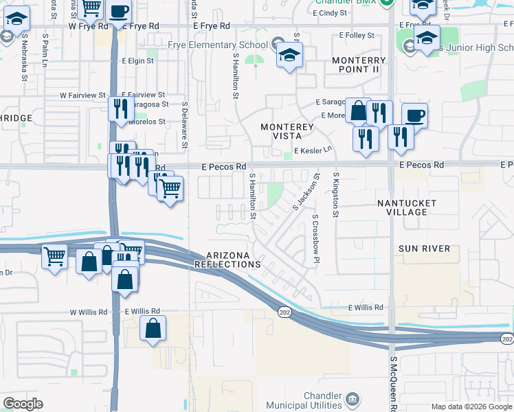 map of restaurants, bars, coffee shops, grocery stores, and more near 1142 South Bogle Court in Chandler