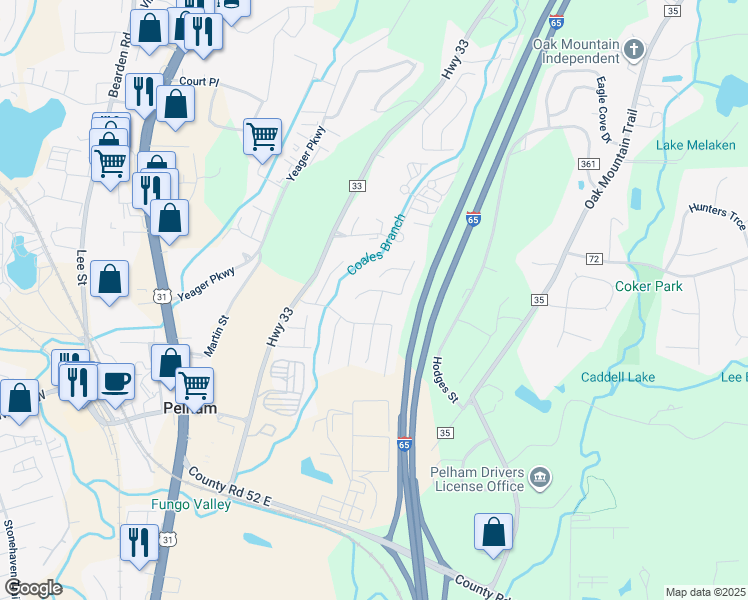 map of restaurants, bars, coffee shops, grocery stores, and more near 288 Hidden Creek Trail in Pelham