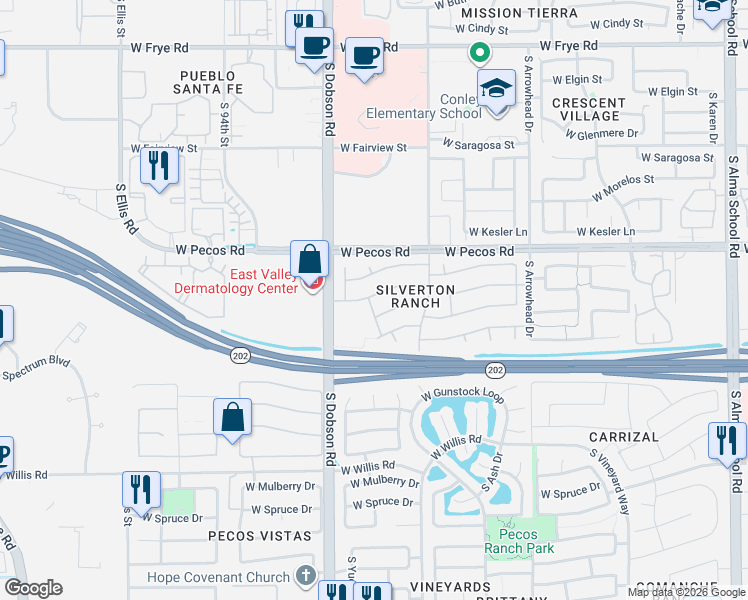 map of restaurants, bars, coffee shops, grocery stores, and more near 1110 South Cholla Street in Chandler