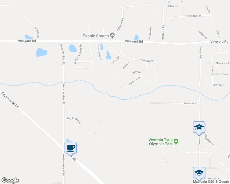 map of restaurants, bars, coffee shops, grocery stores, and more near 424 Ashley Trail in Griffin