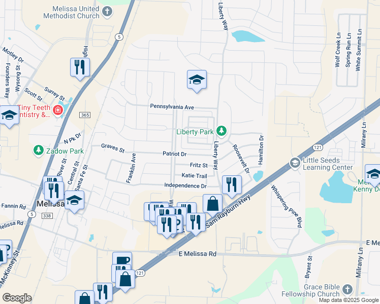 map of restaurants, bars, coffee shops, grocery stores, and more near 2613 Patriot Drive in Melissa