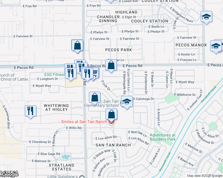 map of restaurants, bars, coffee shops, grocery stores, and more near 3369 South Colt Drive in Gilbert