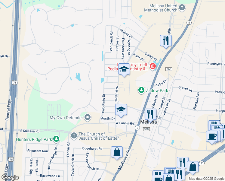 map of restaurants, bars, coffee shops, grocery stores, and more near 1113 Haskell Drive in Melissa