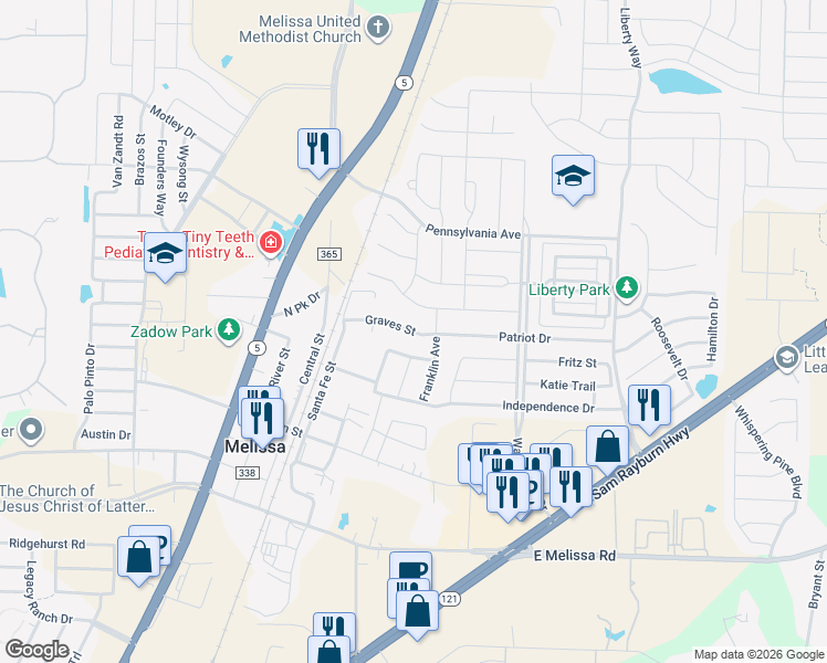 map of restaurants, bars, coffee shops, grocery stores, and more near 2102 East Graves Street in Melissa