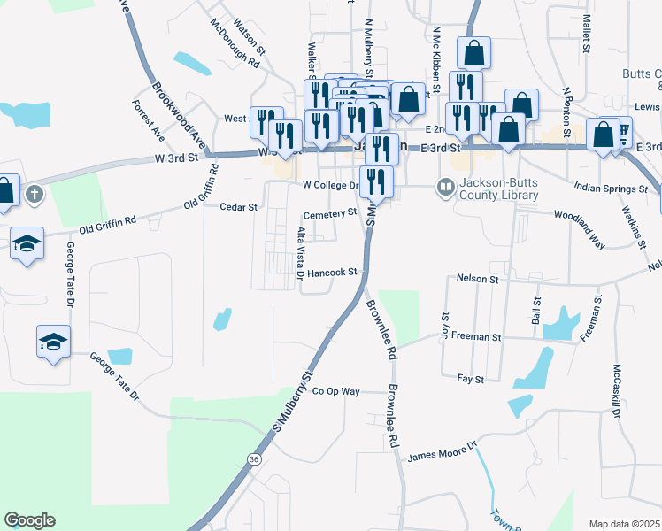 map of restaurants, bars, coffee shops, grocery stores, and more near 223 Hancock Street in Jackson