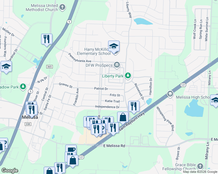 map of restaurants, bars, coffee shops, grocery stores, and more near 2613 Patriot Drive in Melissa