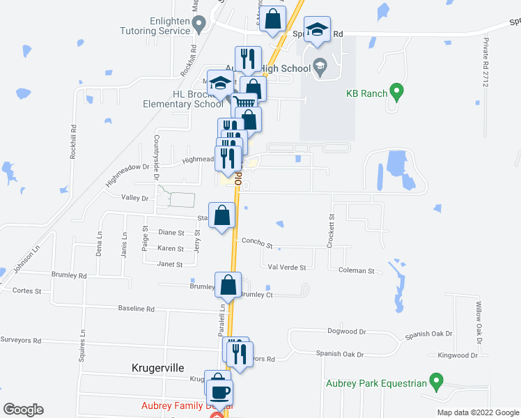 map of restaurants, bars, coffee shops, grocery stores, and more near 5502 U.S. 377 in Aubrey