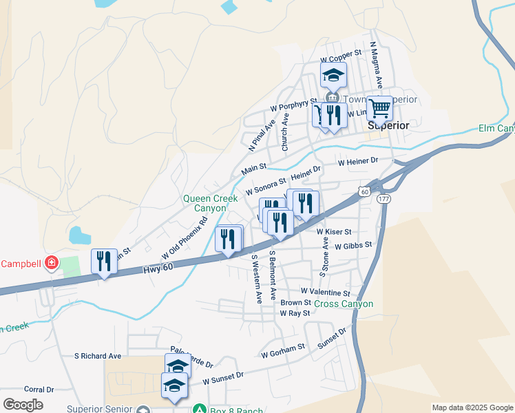 map of restaurants, bars, coffee shops, grocery stores, and more near 440 South Bridge Street in Superior