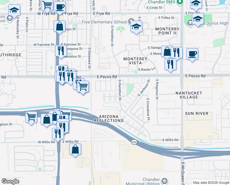 map of restaurants, bars, coffee shops, grocery stores, and more near 1135 South Fresno Court in Chandler