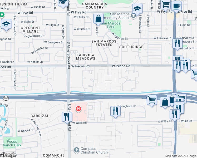 map of restaurants, bars, coffee shops, grocery stores, and more near 1122 South Cheri Lynn Drive in Chandler
