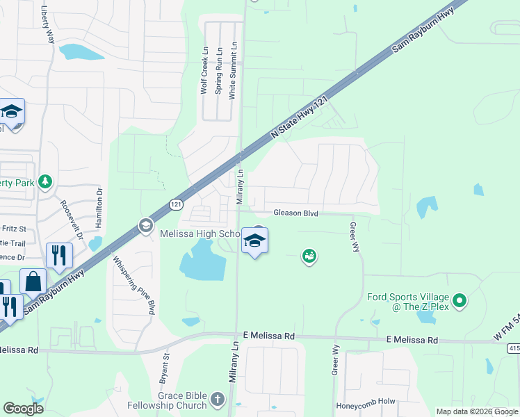 map of restaurants, bars, coffee shops, grocery stores, and more near 3122 Milrany Lane in Melissa