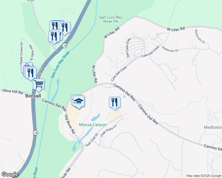 map of restaurants, bars, coffee shops, grocery stores, and more near 5464 Villas Drive in Bonsall